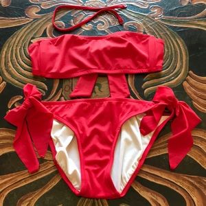 J Crew Red Bandeau Bikini Top & Bikini Bottom 👙M